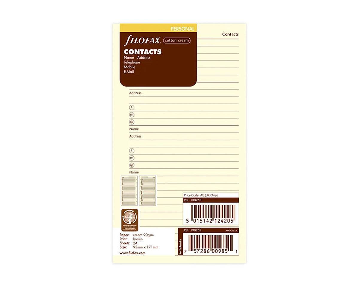 Filofax Personal Cream Contact Sheets - 24 Sheets