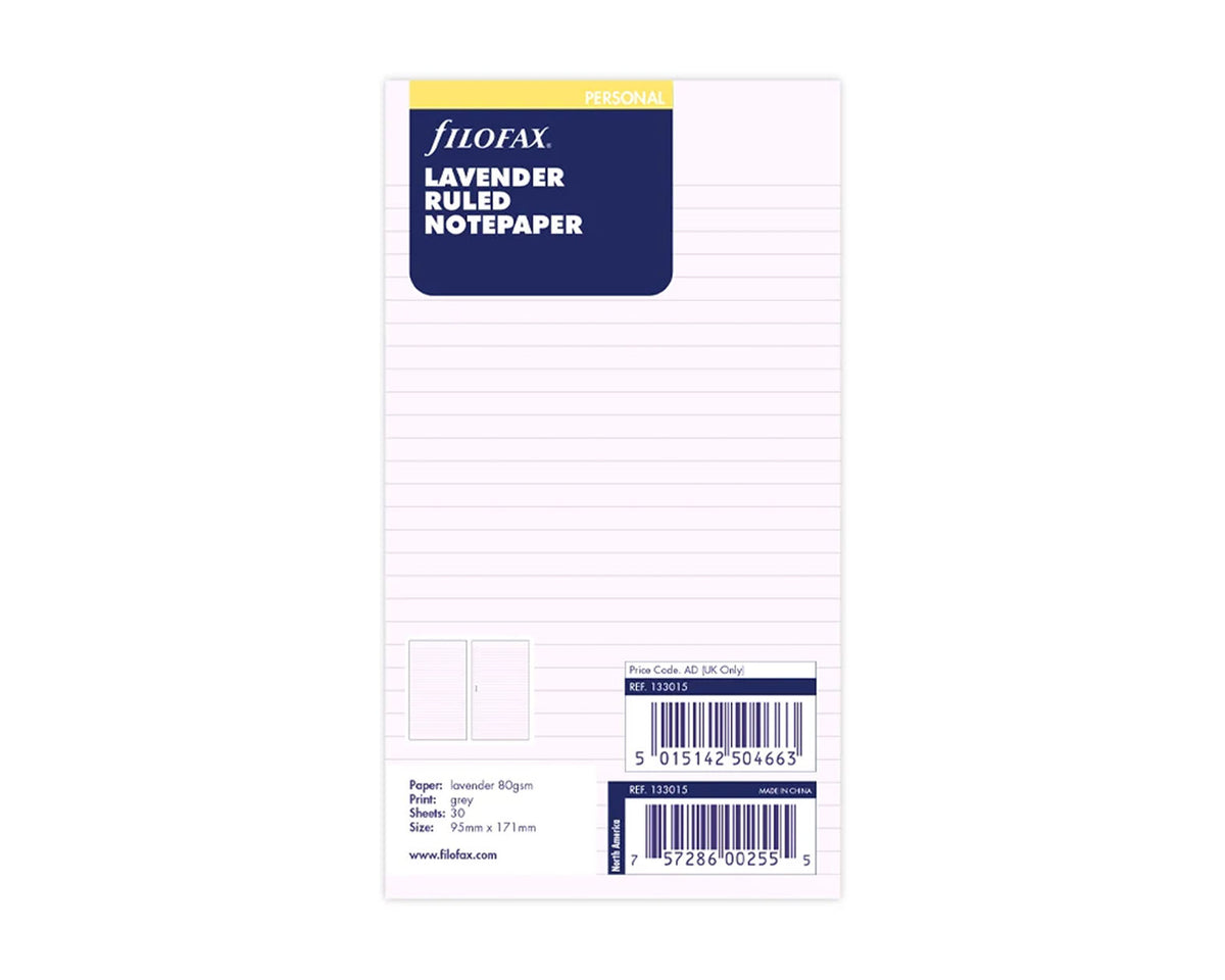 Filofax Personal Ruled Lavender Notepaper Refills - 30 Sheets