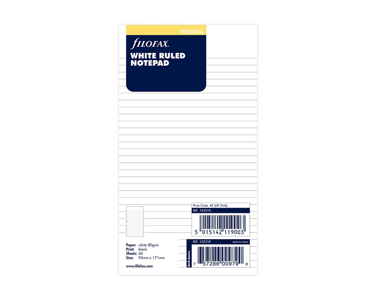 Filofax Personal White Ruled Notepad Refill - 40 Sheets