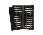 Set of pens in a black case on a white background