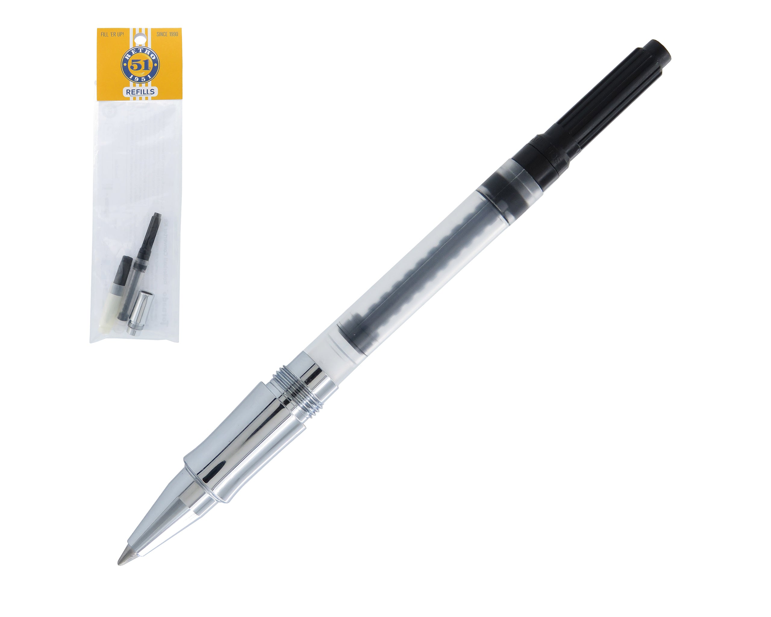 Retro51 Fountain Pen to Rollerball Chrome Converter Kit with Grip Section