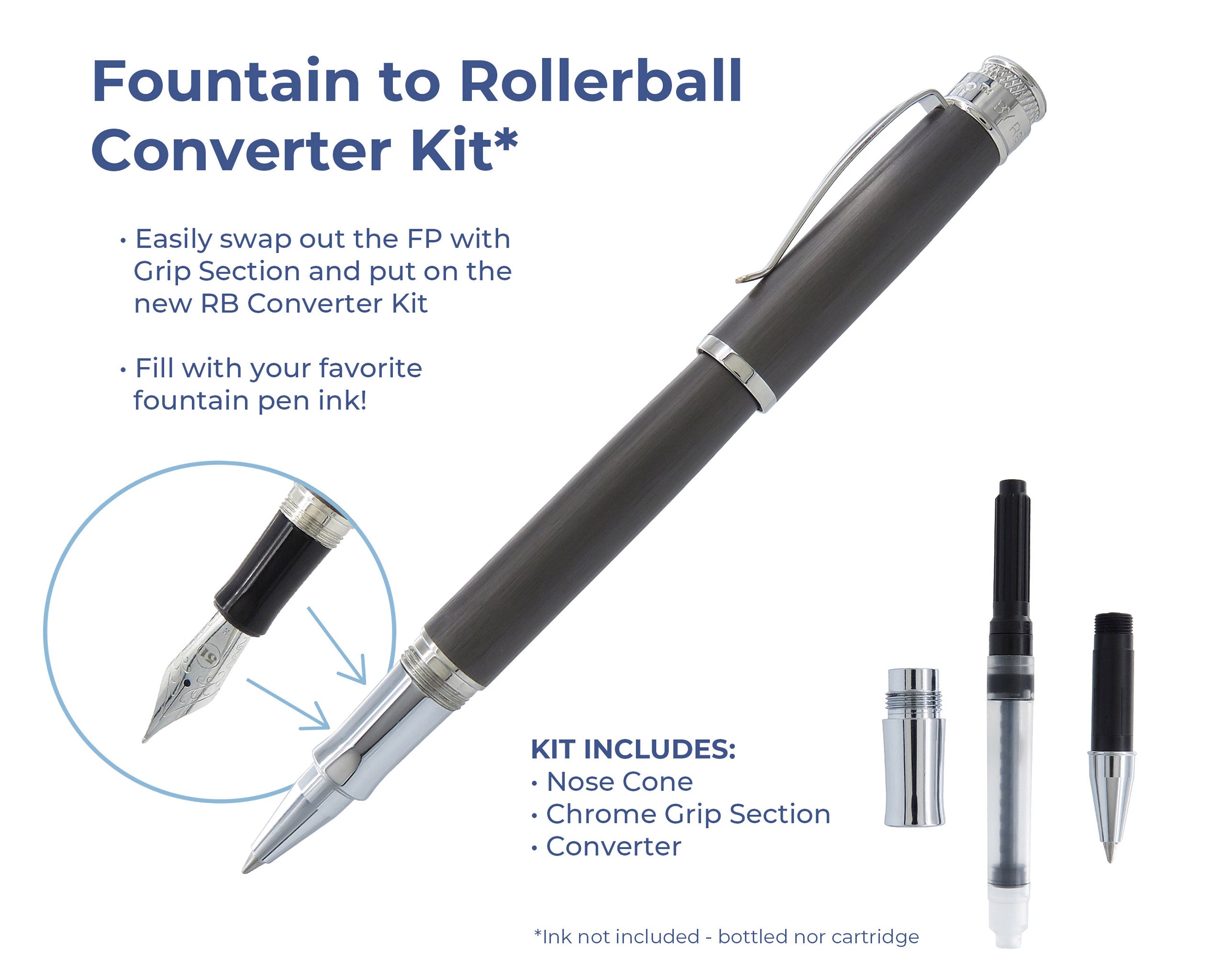 Retro51 Fountain Pen to Rollerball Chrome Converter Kit with Grip Section