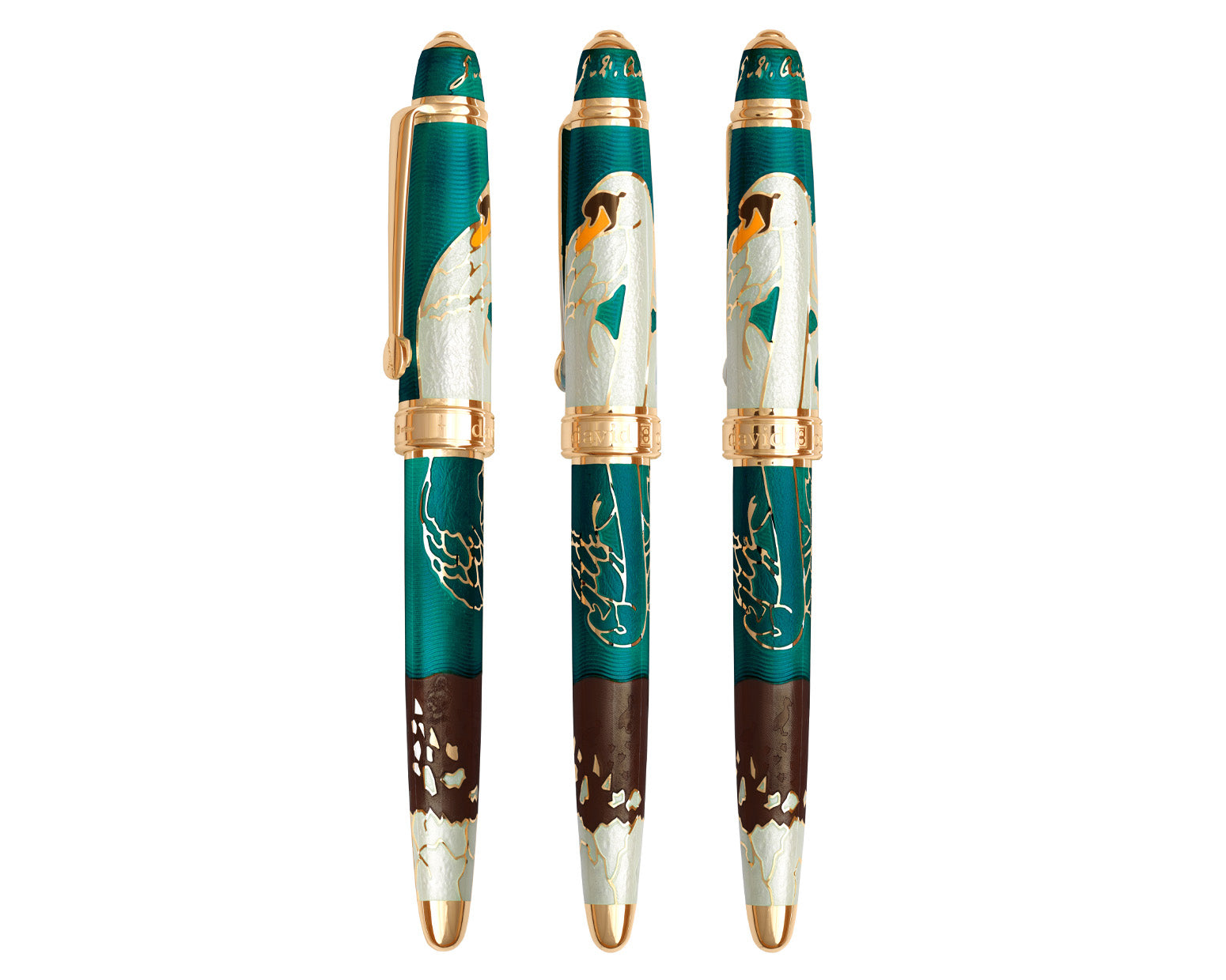 David Oscarson Hans Christian Andersen Rollerball Pen - Translucent Teal, Liquid Coffee and White with Gold Vermeil