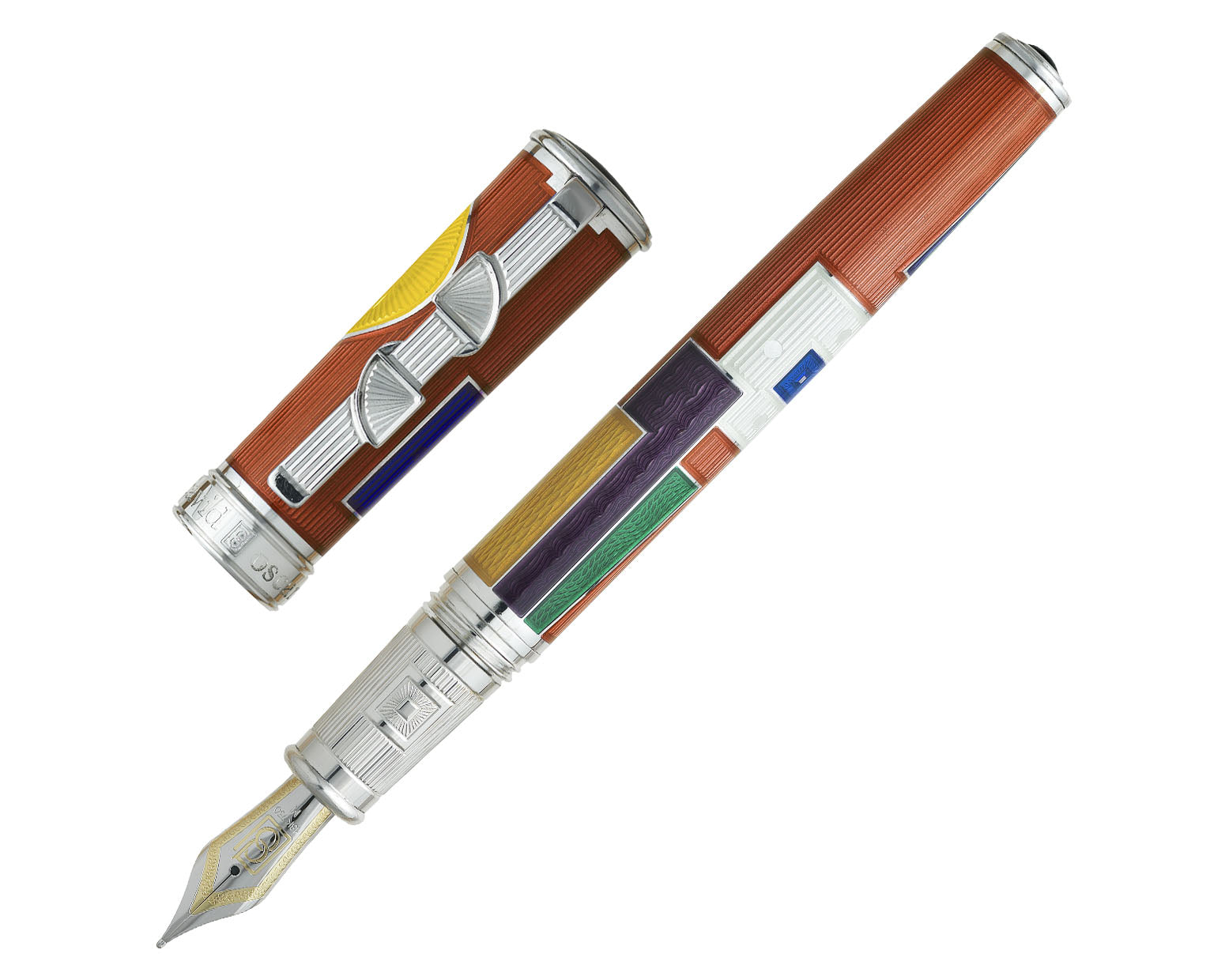 David Oscarson 15th Anniversary / American Art Deco Fountain Pen - Translucent Amber with Multi-colored Enamel