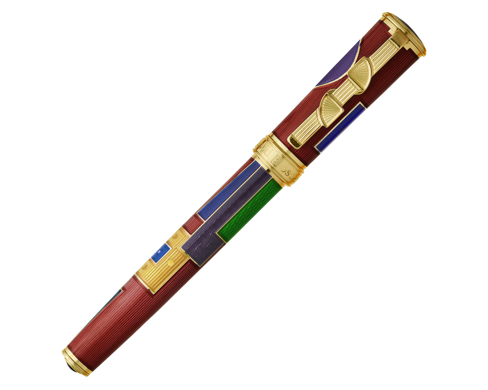 David Oscarson 15th Anniversary / American Art Deco Fountain Pen - Translucent Ruby Red with Multi-colored Enamel & Gold Vermeil