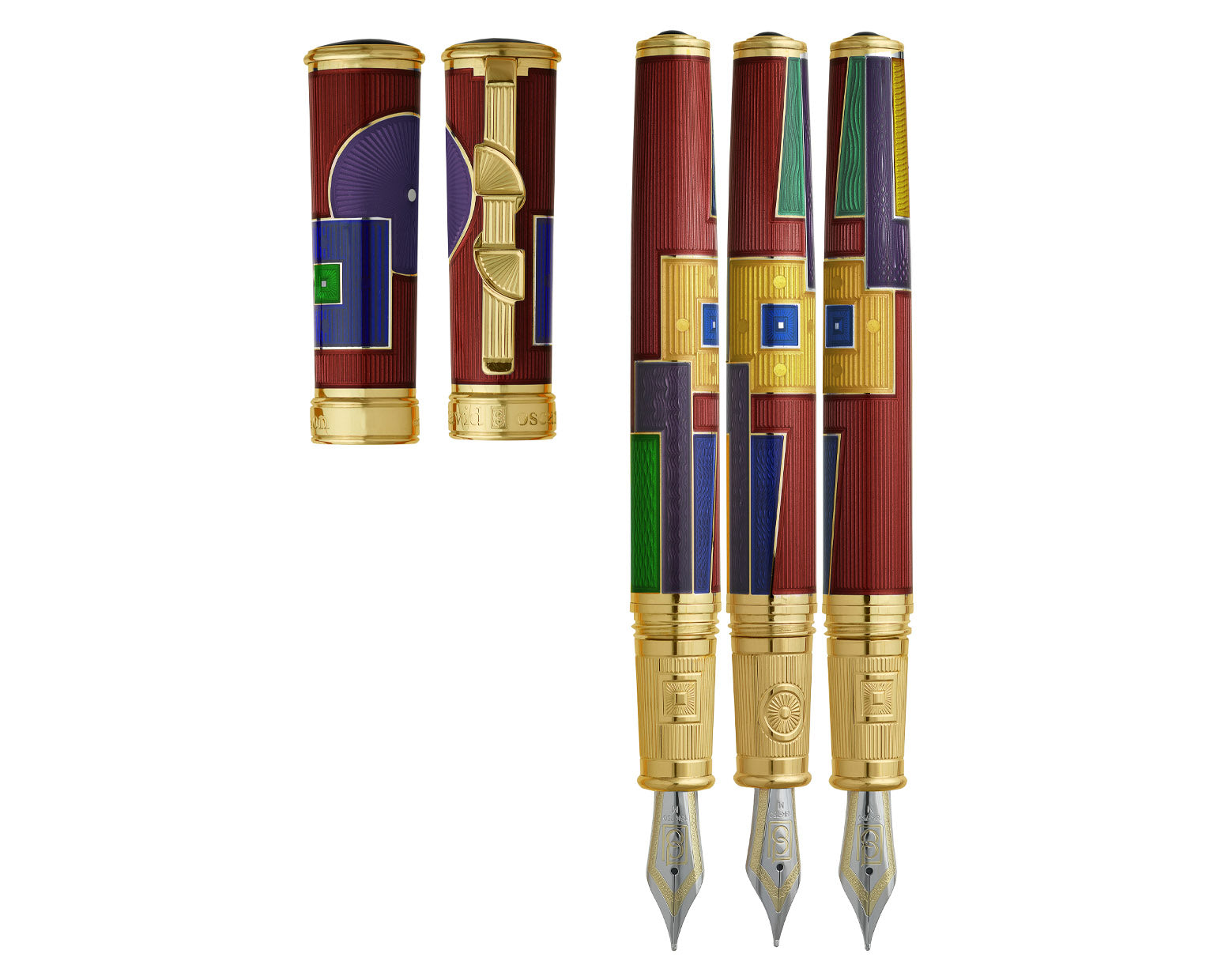 David Oscarson 15th Anniversary / American Art Deco Fountain Pen - Translucent Ruby Red with Multi-colored Enamel & Gold Vermeil