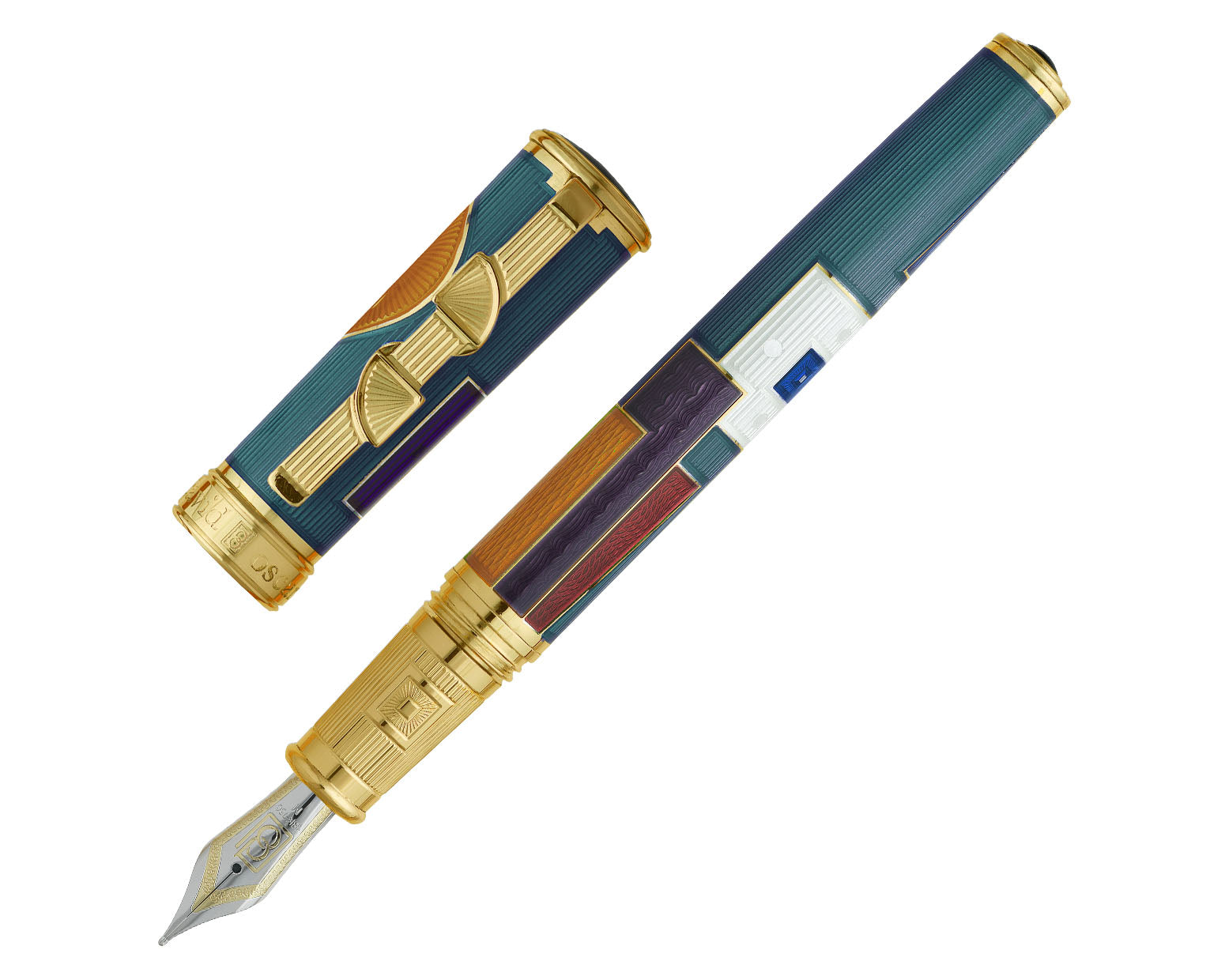 David Oscarson 15th Anniversary / American Art Deco Fountain Pen - Translucent Teal with Multi-colored & Gold Vermeil