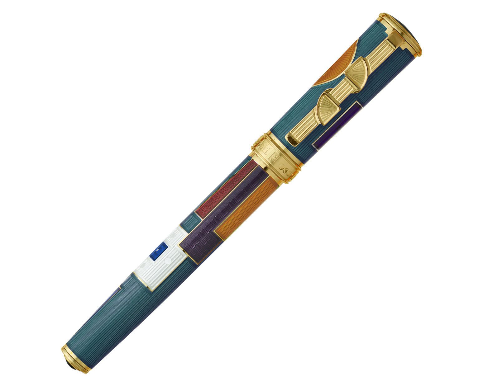 David Oscarson 15th Anniversary / American Art Deco Fountain Pen - Translucent Teal with Multi-colored & Gold Vermeil