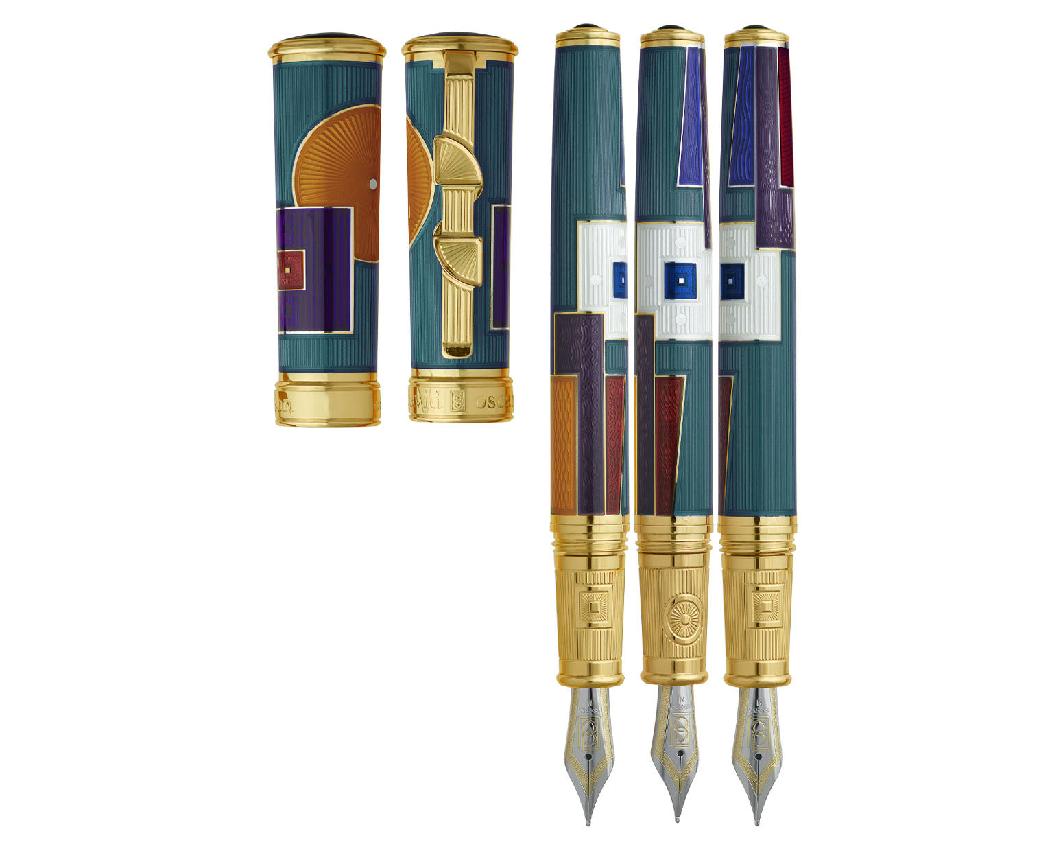 David Oscarson 15th Anniversary / American Art Deco Fountain Pen - Translucent Teal with Multi-colored & Gold Vermeil