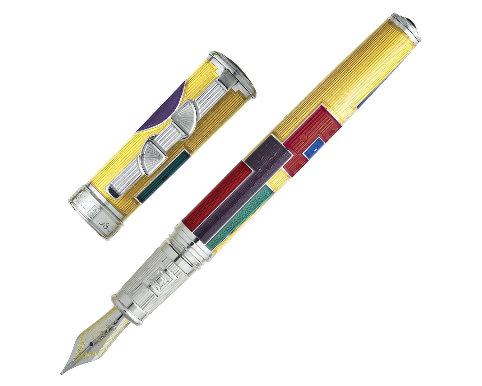 David Oscarson 15th Anniversary / American Art Deco Fountain Pen - Translucent Citrine with Multi-colored Enamel