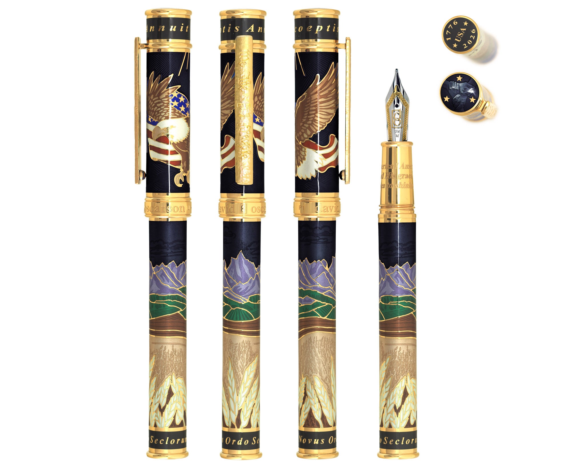 David Oscarson America The Beautiful Fountain Pen - Onyx with Gold Vermeil