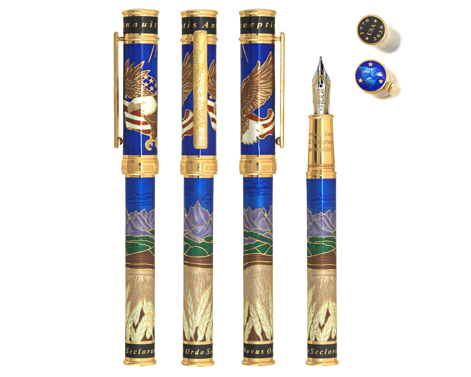 David Oscarson America The Beautiful Fountain Pen - Sapphire Blue with Gold Vermeil