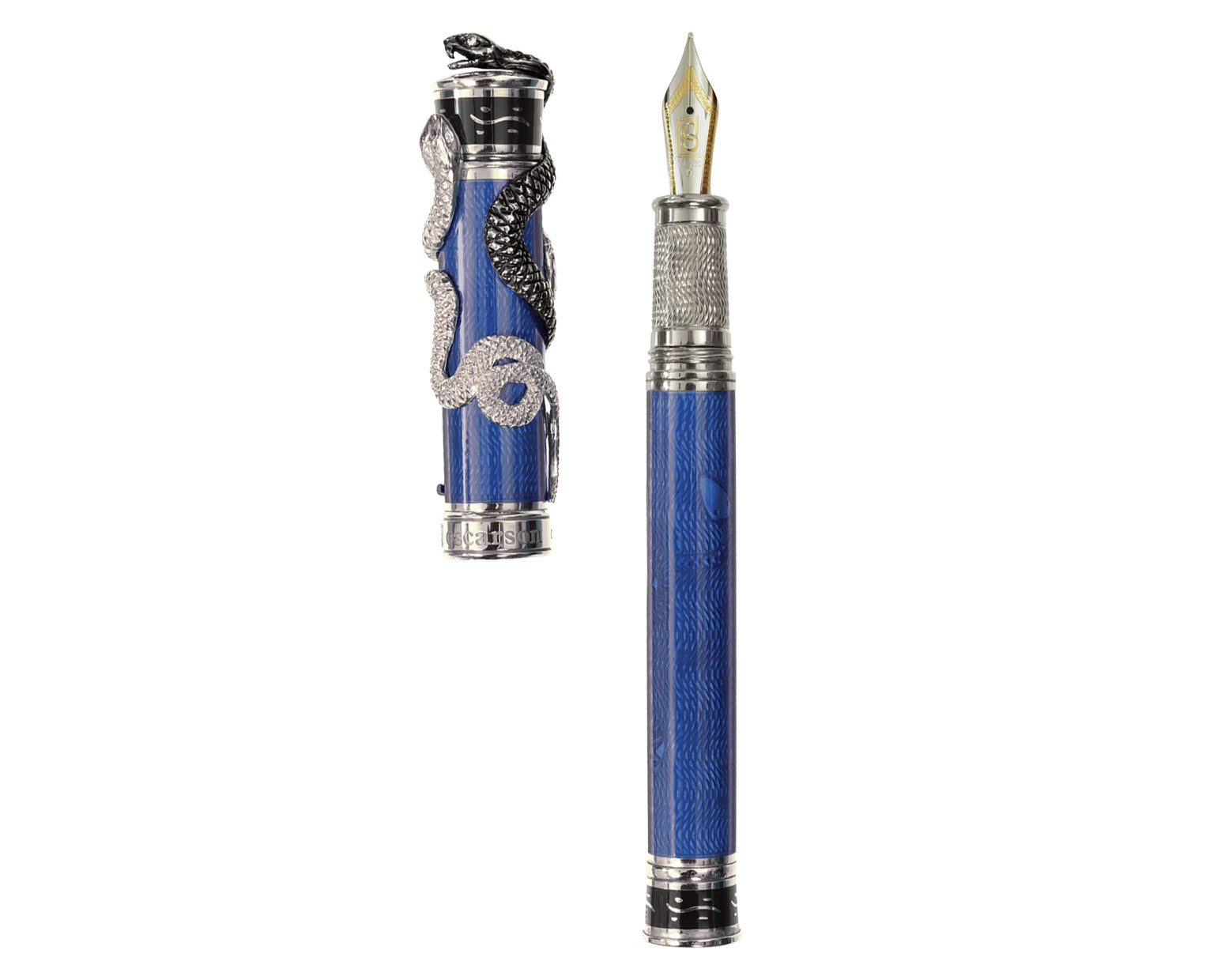 David Oscarson Black Water Snake Fountain Pen - Translucent Royal Blue and Opaque Black Hard Enamel
