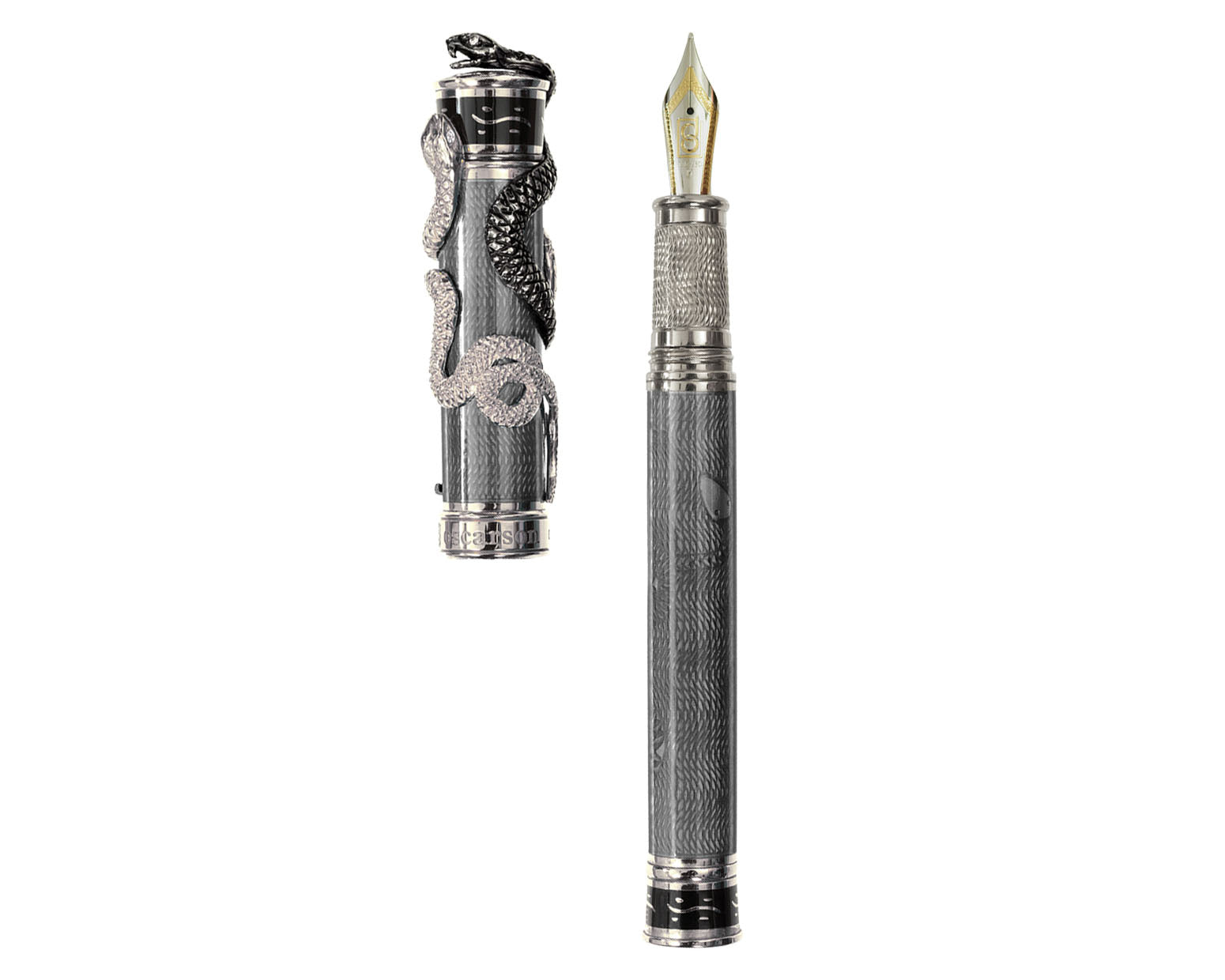 David Oscarson Black Water Snake Fountain Pen - Translucent Grey and Opaque Black Hard Enamel