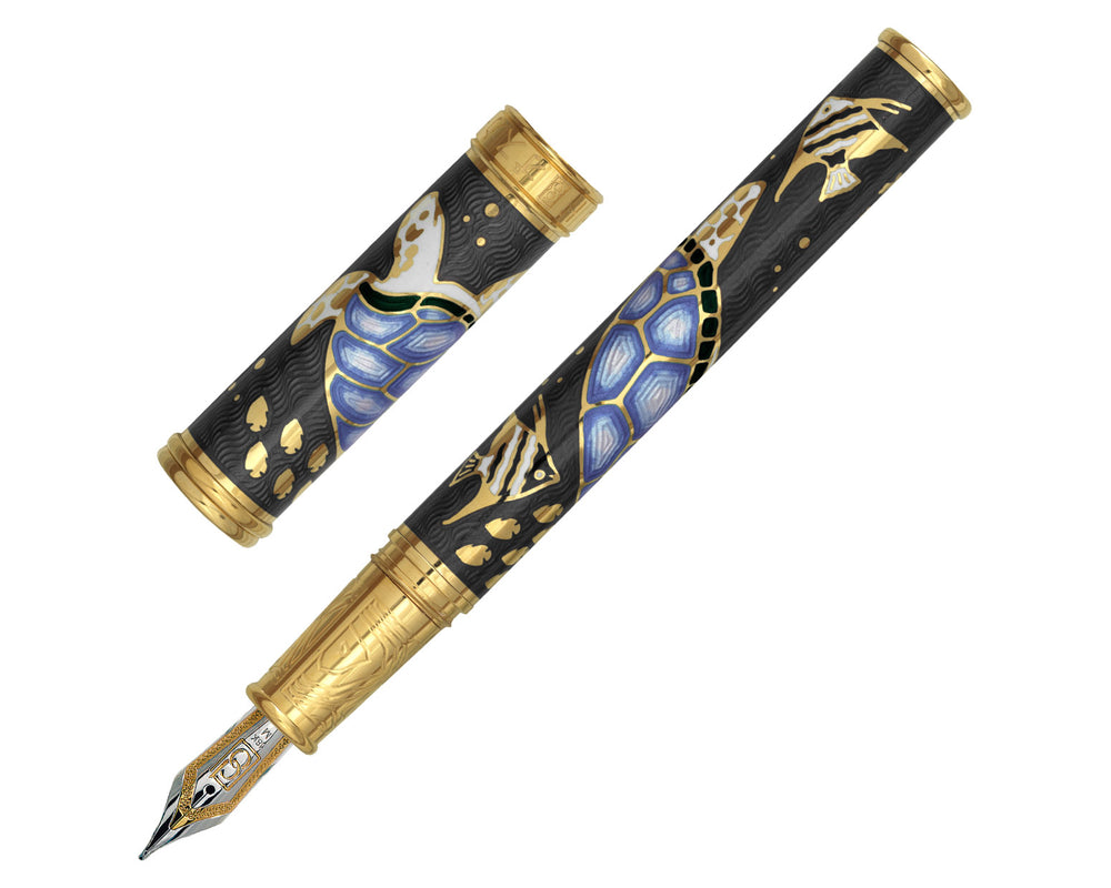 David Oscarson Sea Turtle Fountain Pen - Mossy Black & Blue with Gold Vermeil