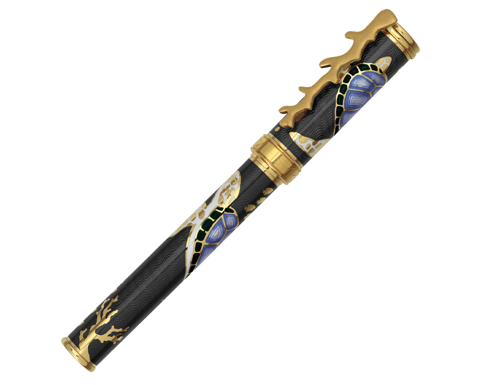 David Oscarson Sea Turtle Fountain Pen - Mossy Black & Blue with Gold Vermeil