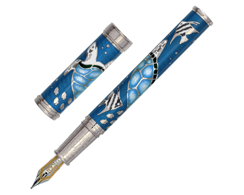 David Oscarson Sea Turtle Fountain Pen - Ocean Blue with Silver