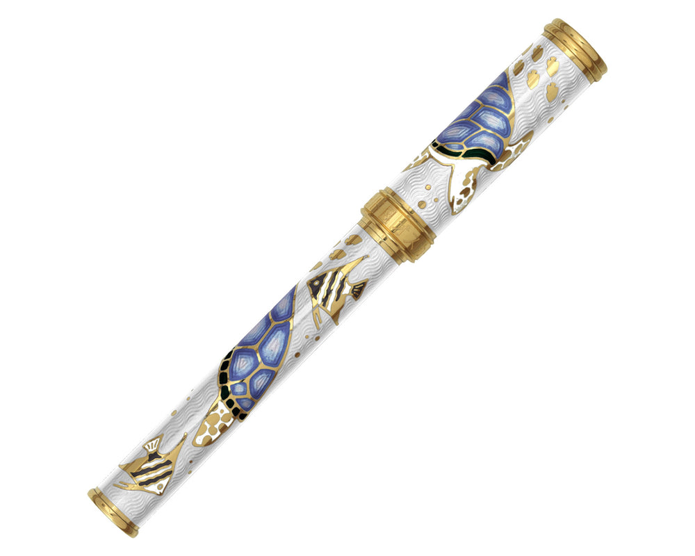 David Oscarson Sea Turtle Rollerball Pen - White & Blue with Gold Vermeil