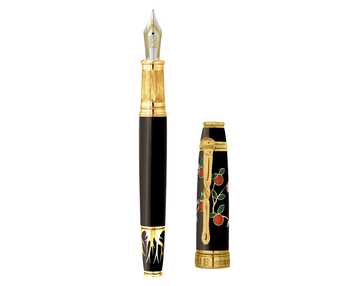 David Oscarson Tree Of Life Fountain Pen - Black with Orange and Green with Gold Vermeil