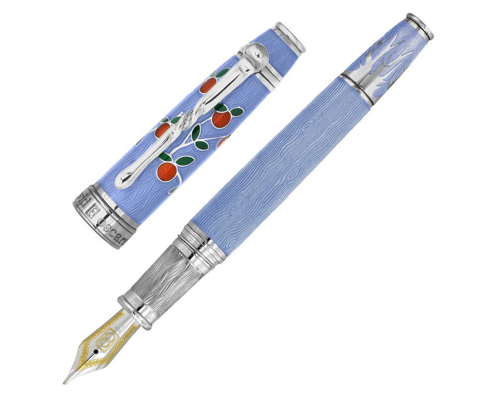 David Oscarson Tree Of Life Fountain Pen - Azure Blue with Orange and Green