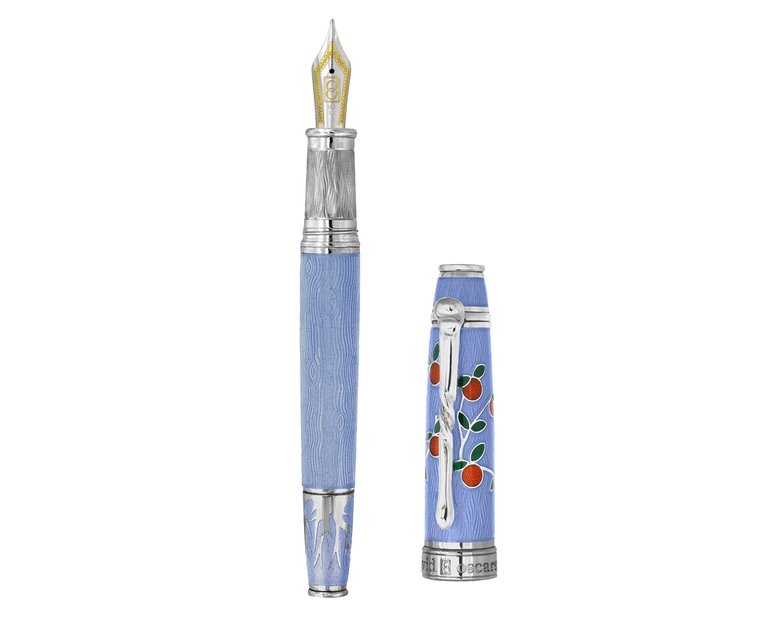 David Oscarson Tree Of Life Fountain Pen - Azure Blue with Orange and Green