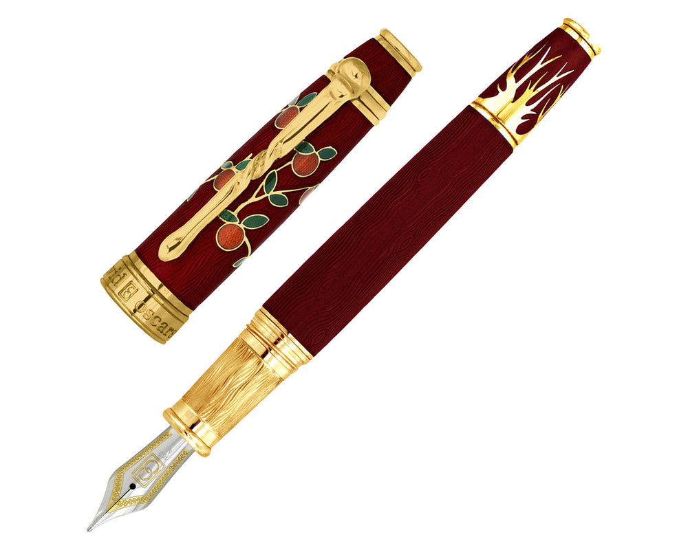 David Oscarson Tree Of Life Fountain Pen - Red with Orange and Green with Gold Vermeil