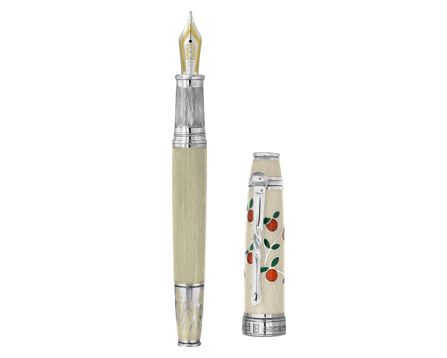 David Oscarson Tree Of Life Fountain Pen - White with Orange and Green