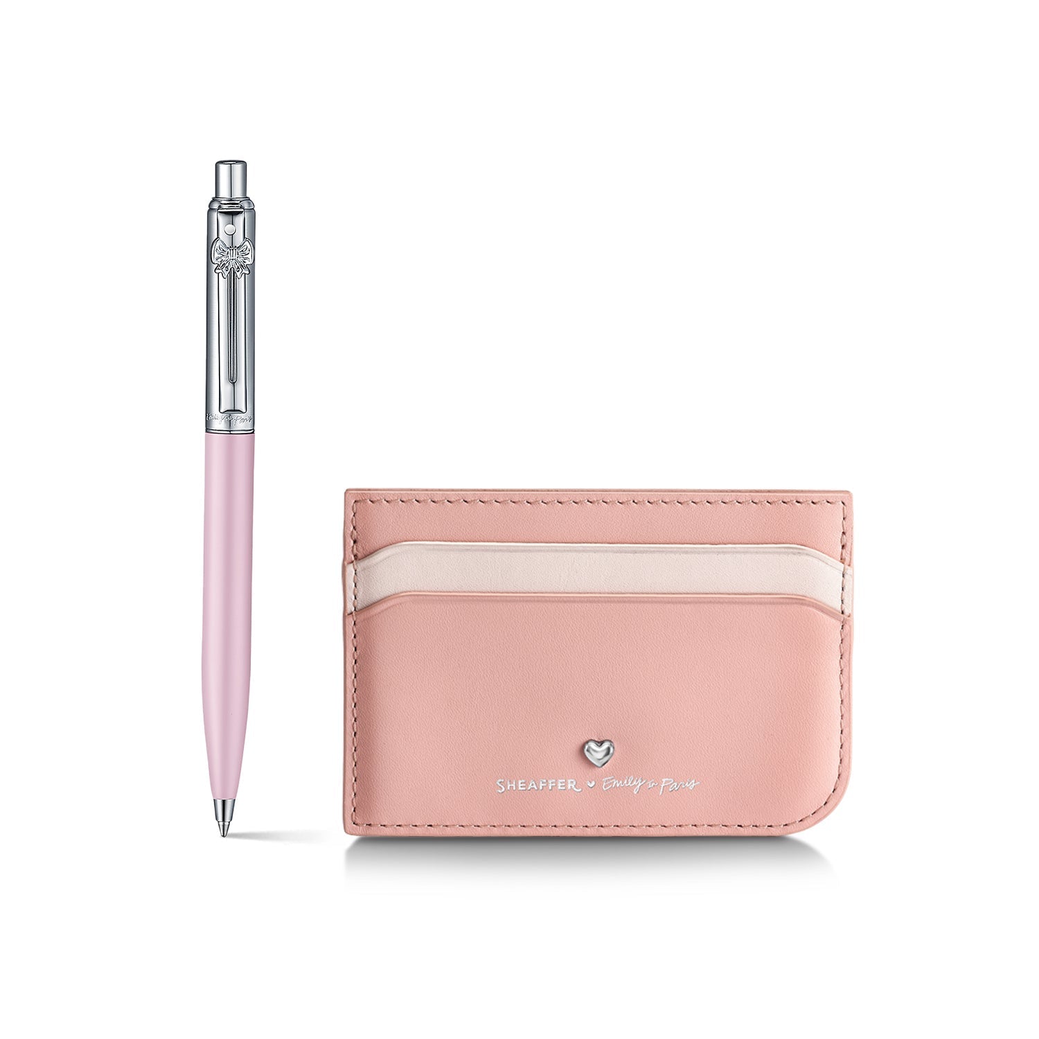 Sheaffer Emily in Paris Sentinel Pink Matte Ballpoint Pen with Chrome Trim & Full-Grain Leather Credit Card Holder Gift Set