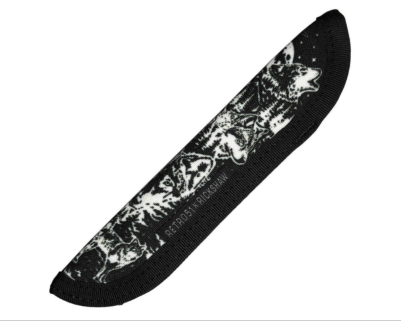 Black pen sleeve with white wolf design on a white background