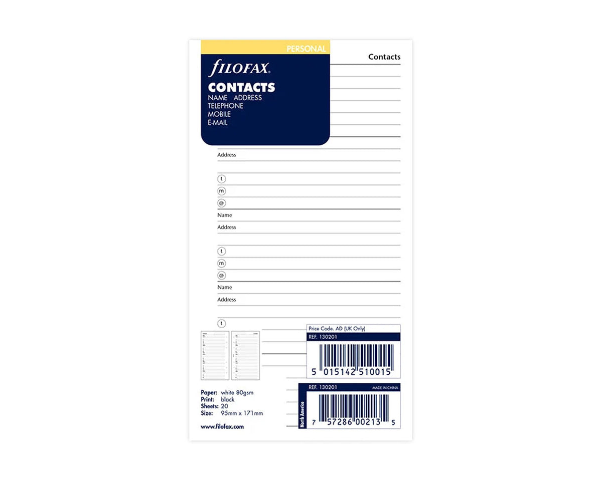 Filofax Personal White Contact Sheets - 20 Sheets