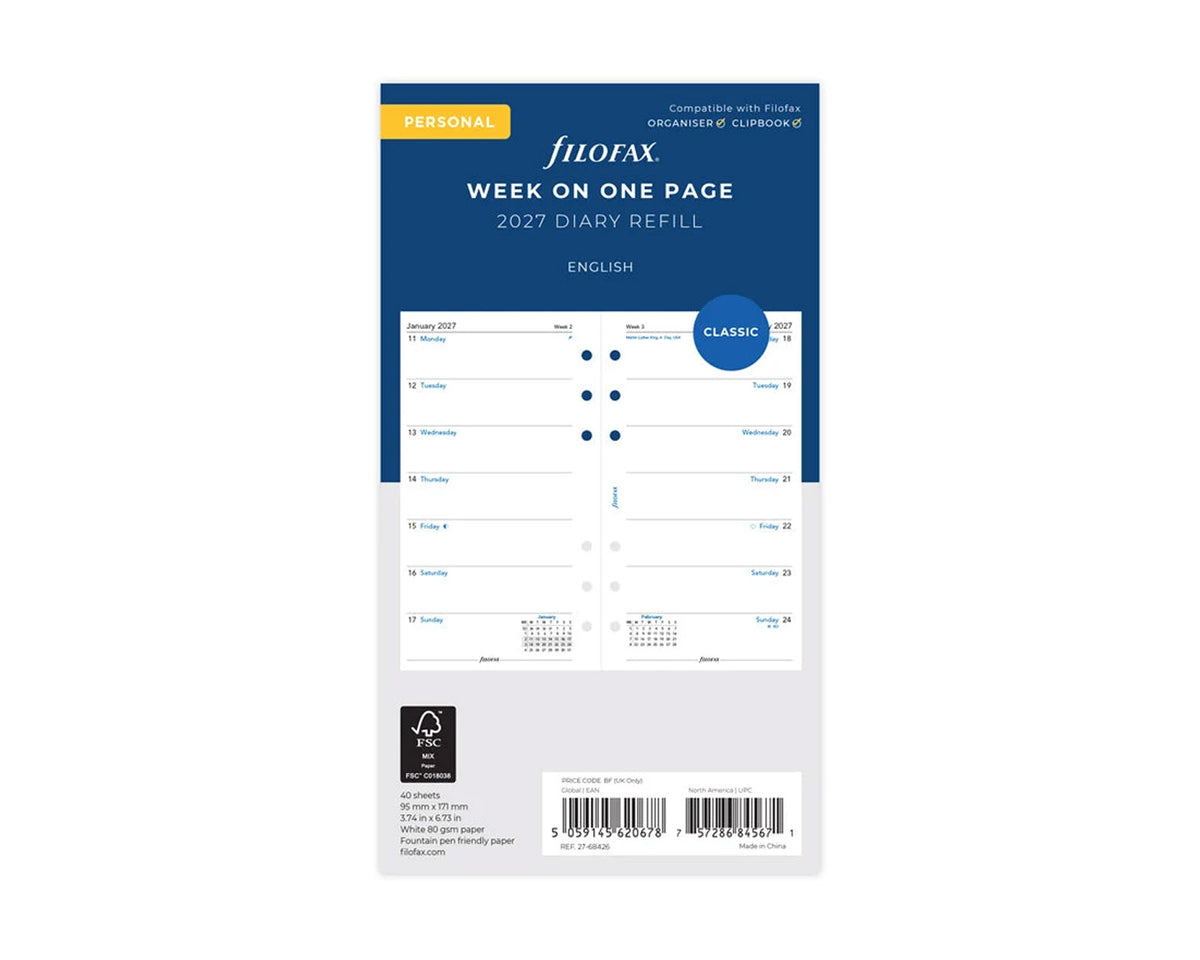 Filofax Personal Week on One Page 2027 Refill