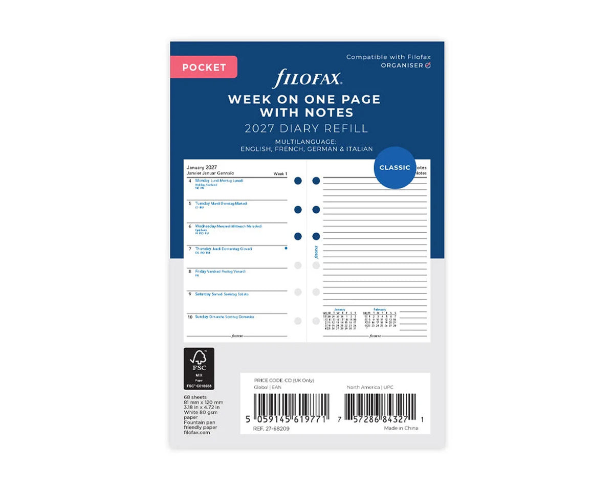Filofax Pocket Week on One Page with Notes 2027 Multilanguage Refill
