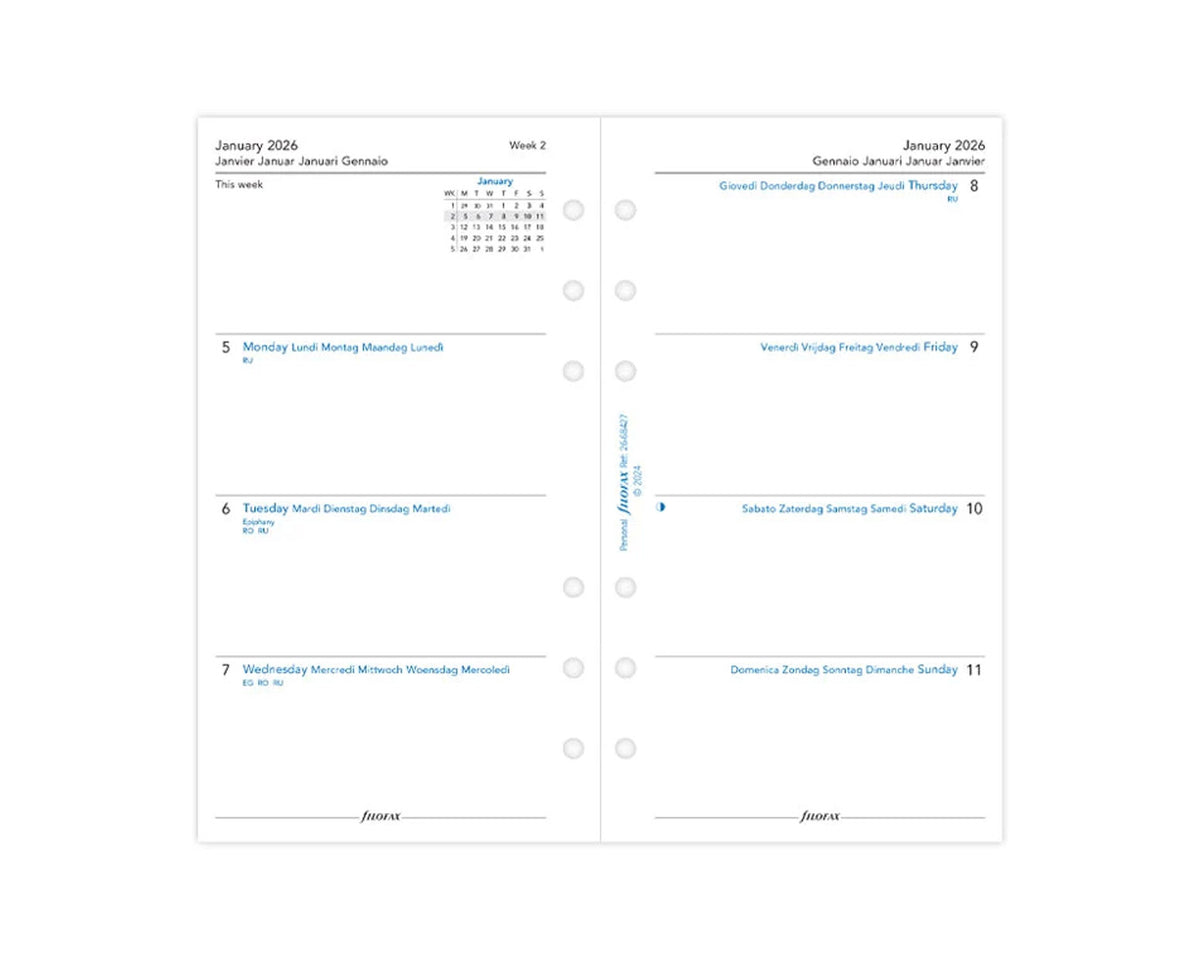 Filofax Personal Week on Two Pages 2026 Multilanguage Refill
