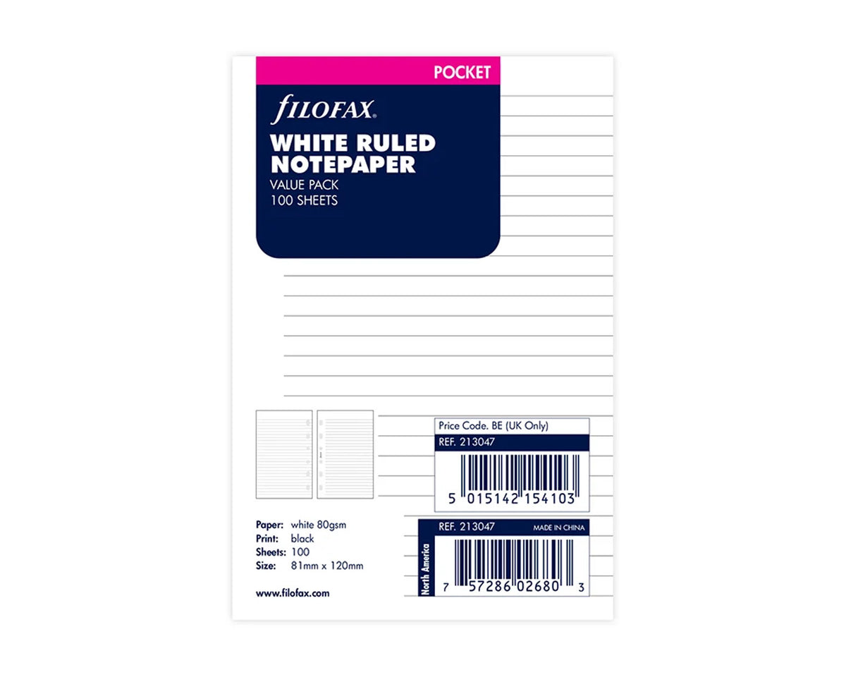 Filofax Pocket White Ruled Notepaper Refill Value Pack - 100 Sheets